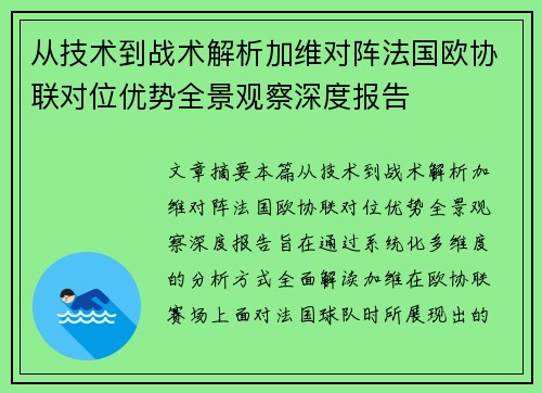 从技术到战术解析加维对阵法国欧协联对位优势全景观察深度报告