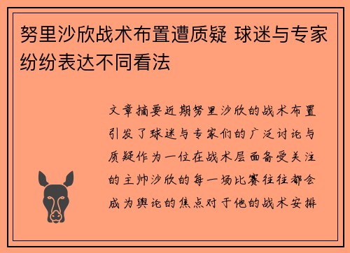 努里沙欣战术布置遭质疑 球迷与专家纷纷表达不同看法